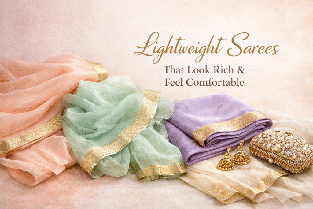 Collection of lightweight rich-looking sarees in chiffon, organza and soft silk fabric displayed elegantly.