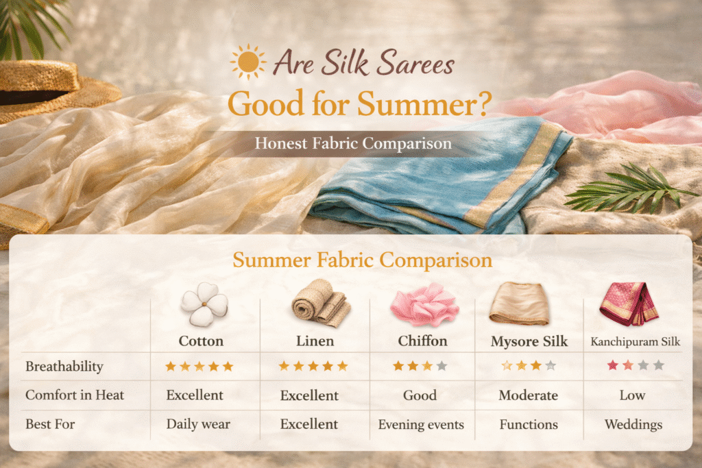 Lightweight silk saree compared with cotton and linen sarees for summer wear