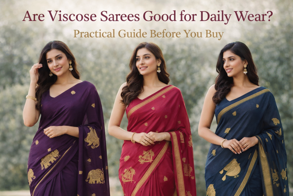 Viscose sarees with traditional motifs styled for daily wear and office use